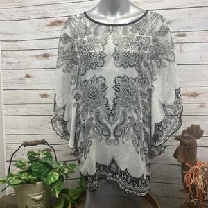 Audrey Ann Black & White Paisley Sheer Poncho S Small Shirt Top Cover Up